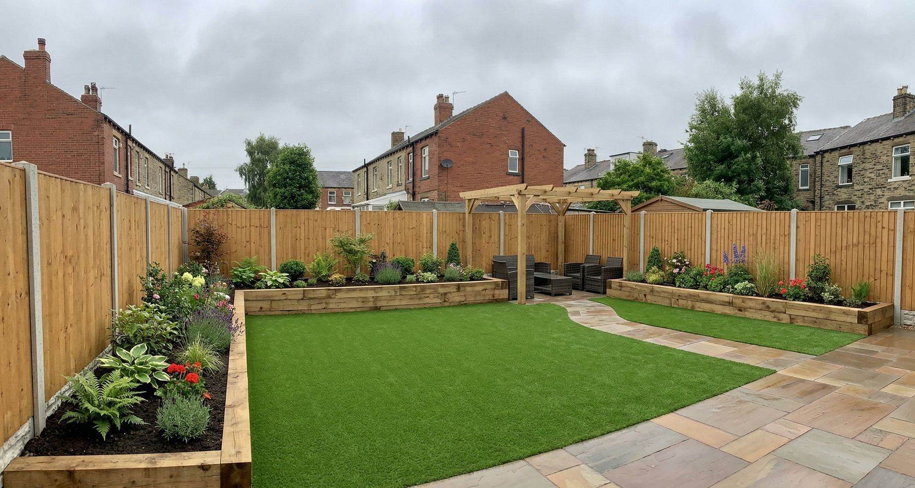 Complete landscaping with artificial grass and Indian stone